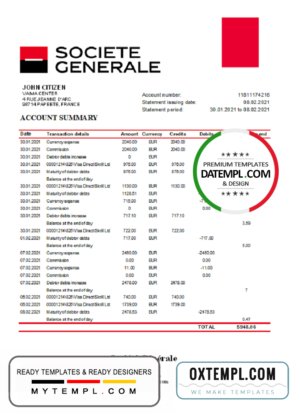 France Société Générale bank statement template in Excel and PDF format