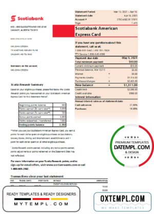 Canada Scotiabank bank statement easy to fill template in Excel and PDF format (AutoSum)