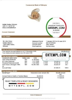 Ethiopia Commercial Bank of Ethiopia bank statement template in Word and PDF format, good for address prove
