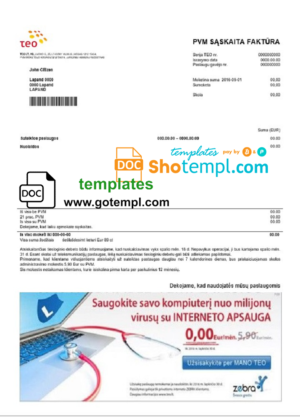 Lithuania Teo utility bill template in Word and PDF format (.doc and .pdf)