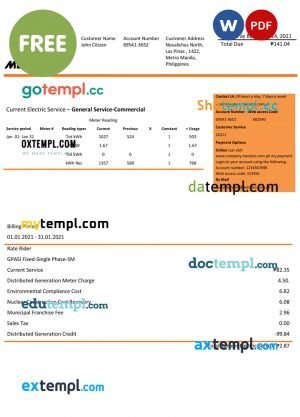 Philippines Manila Electric Company (Meralco) electricity utility bill Word and PDF template