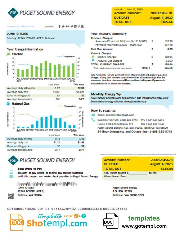 USA Washington Puget Sound Energy utility bill template in Word and PDF