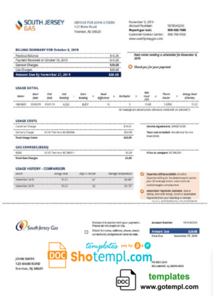 USA New Jersey gas utility bill template in Word and PDF format (.doc and .pdf)