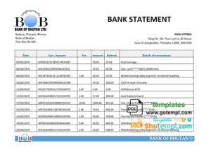 Bhutan Bank of Bhutan bank statement easy to fill template in Word and PDF format