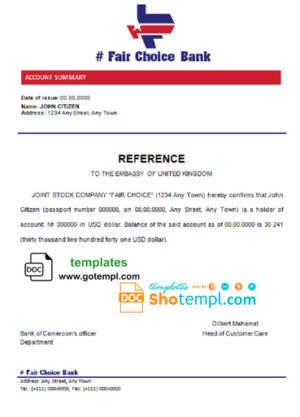 # fair choice bank universal multipurpose bank account reference template in Word and PDF format