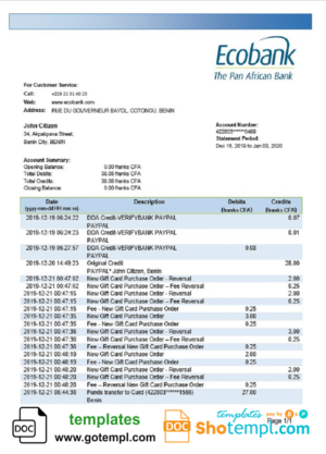 Benin Ecobank proof of address bank statement template in Word and PDF format