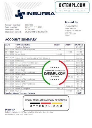 Mexico Inbursa Bank statement easy to fill template in Excel and PDF format