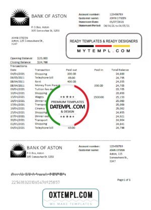 United Kingdom Bank of Aston bank statement easy to fill template in Excel and PDF format