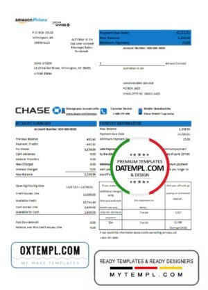 USA Chase bank credit card statement template in .xls and .pdf format