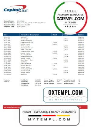 USA Capital One bank statement template, Word and PDF format (.doc and .pdf)