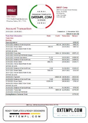 USA BB&T Corp. bank statement easy to fill template in .xls and .pdf file format