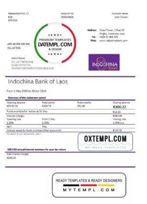 Laos Indochina Bank statement template in Word and PDF format
