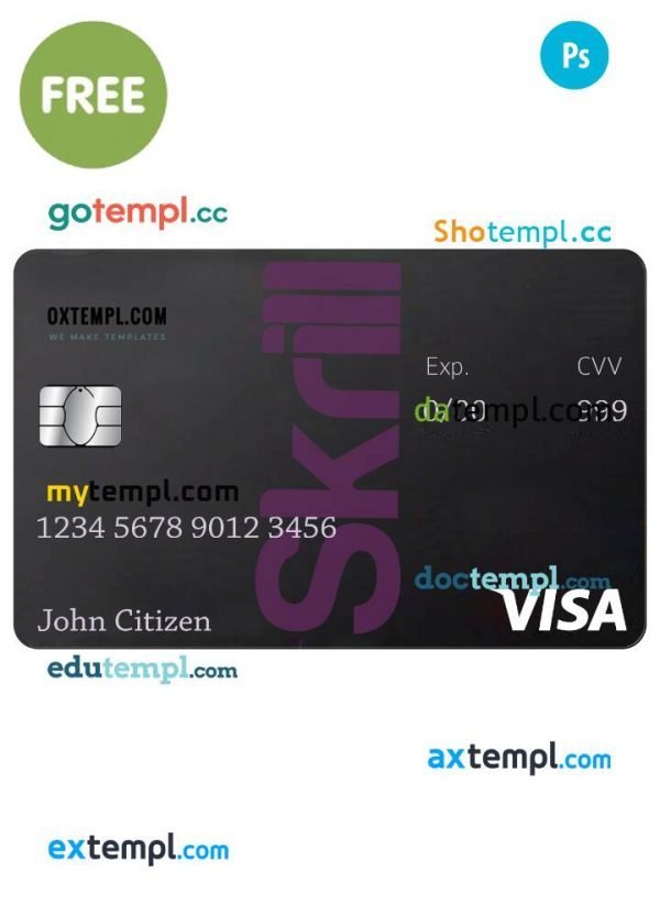 Skrill Visa Debit card template in PSD format completely editable