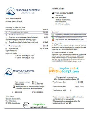 USA Montana Missoula Electric Cooperative electricity utility bill template in Word and PDF format