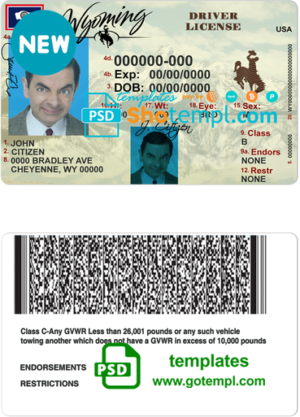 USA Wyoming state driving license template in PSD format, with all fonts