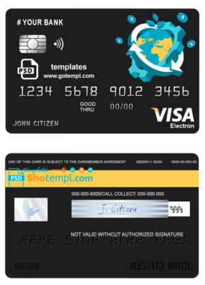 # jet world universal multipurpose bank visa electron credit card template in PSD format, fully editable