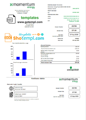 Australia Momentum Energy utility bill template in Word and PDF format