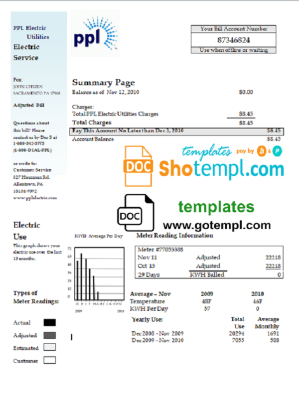 USA Pennsylvania PPL Electric Utility Bill Template In Word And PDF 
