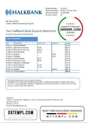 Turkmenistan Halkbank Bank statement easy to fill template in .xls and .pdf file format