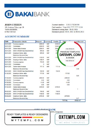 Kyrgyzstan OJSC Bakai Bank statement easy to fill template in Excel and PDF format