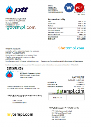 Thailand PTT gas utility bill template in Word and PDF format