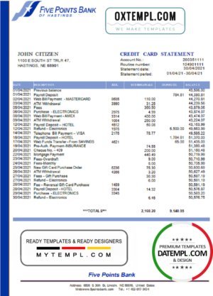 USA Nebraska Five Points Bank credit card statement template in Word and PDF format