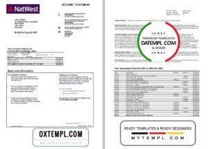 United Kingdom NatWest bank account statement template in Word and PDF format, 2 pages