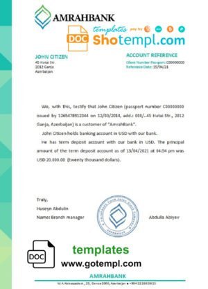 Azerbaijan Amrahbank bank reference letter template in Word and PDF format