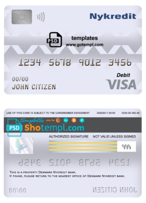Denmark Nykredit bank visa card debit card template in PSD format, fully editable