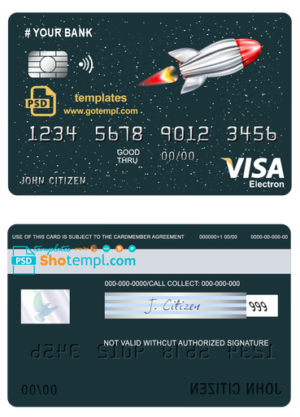 # direct rocket universal multipurpose bank visa electron credit card template in PSD format, fully editable