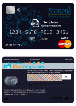 Benin Ecobank mastercard debit card template in PSD format, fully editable