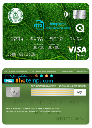 Iraq Rafidain bank visa classic card, fully editable template in PSD format