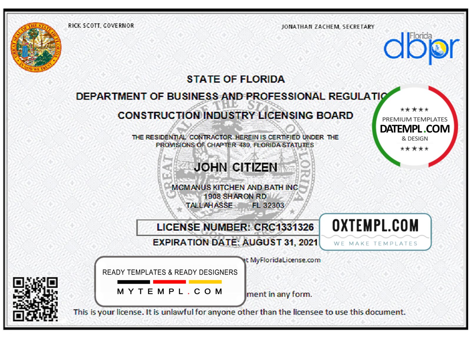 USA Florida Contractor Business license template in Word and PDF format