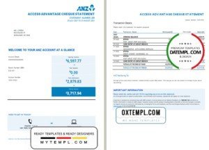 Australia ANZ proof of address bank statement template in .doc and .pdf format, 2 pages
