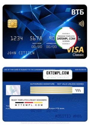 Russia VTB bank visa classic card, fully editable template in PSD format