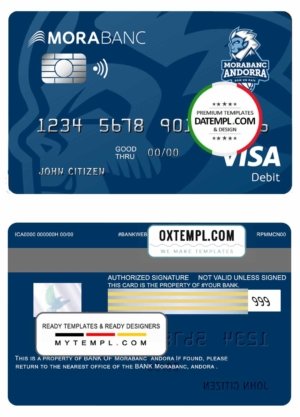 Andorra Morabank visa debit card template in PSD format, fully editable