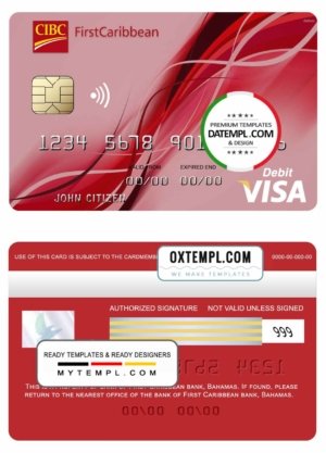 Bahamas First Caribbean bank visa debit card template in PSD format, fully editable