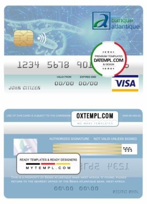 Benin Atlantique bank visa card template in PSD format, fully editable