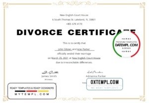 USA Divorce certificate template in Word and PDF format
