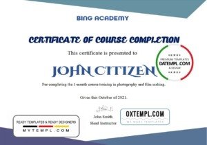 USA Course Completion certificate template in Word and PDF format