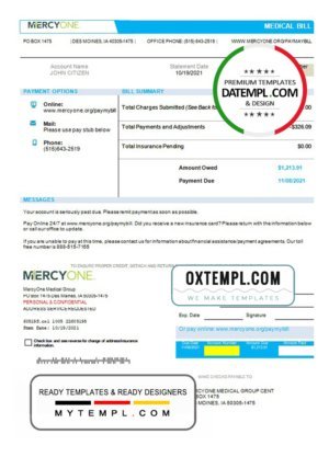 USA Iowa MercyOne medical bill template in Word and PDF format