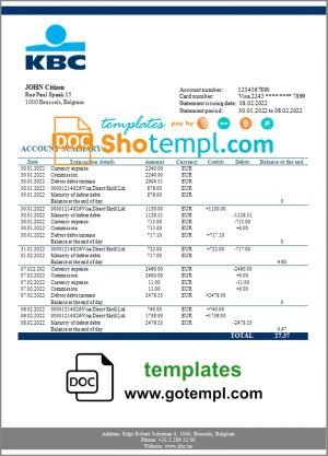 Belgium KBC bank statement template in Word and PDF format