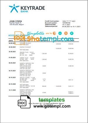 Belgium Keytrade bank statement template in Word and PDF format