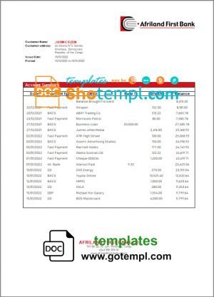 Congo Afriland First bank statement Word and PDF (.doc and .pdf) template