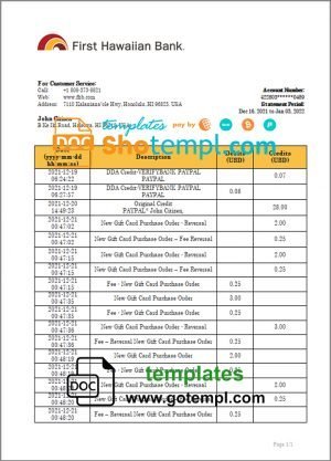 Hawaii First Hawaiian Bank statement bank statement template in Word and PDF format