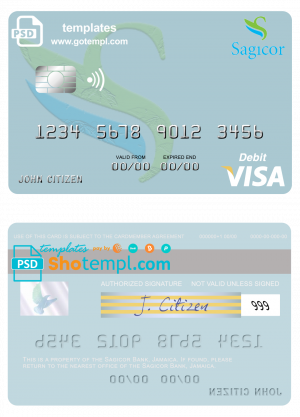 Jamaica Sagicor Bank visa card fully editable template in PSD format