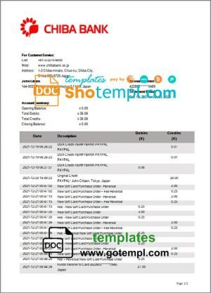 Japan Chiba bank statement template in Word and PDF format