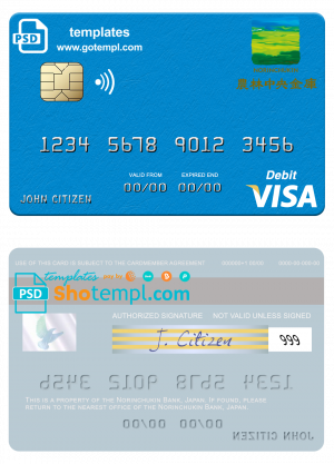 Japan Norinchukin Bank visa card fully editable template in PSD format