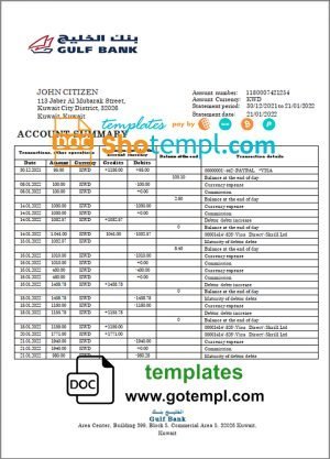 Kuwait Gulf Bank statement template in  Word and PDF format