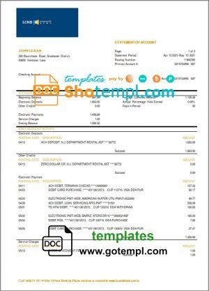 Laos LCNB Bank statement template in Word and PDF format